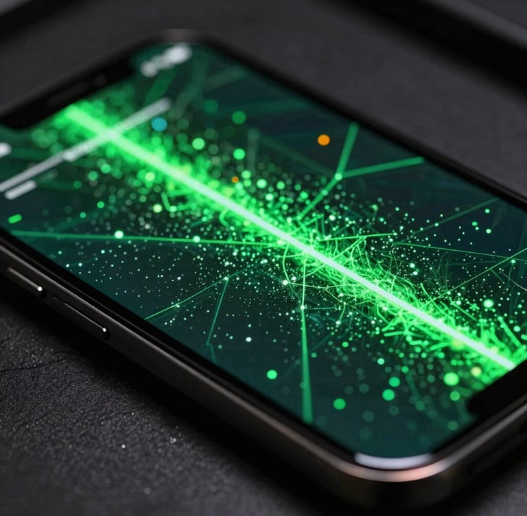 Extreme close-up of a mobile device screen displaying high-fidelity 60fps gameplay, vibrant electric cyber-green particles reflecting off polished dark glass edges, moody low-light studio setting.