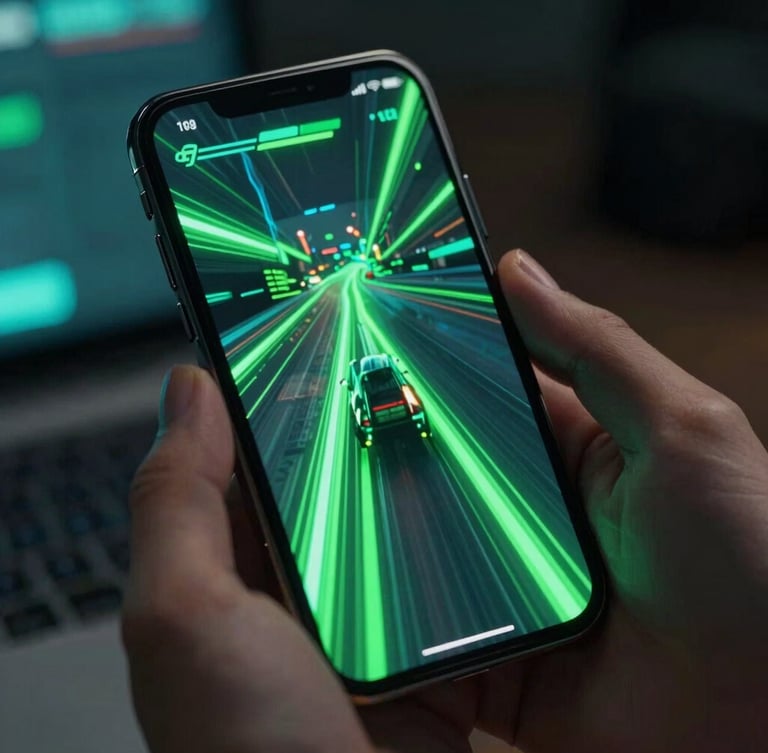 Extreme close-up of a sleek smartphone held in hands, displaying a fluid neon-green cyber-punk racing game UI. Dark glass reflections, moody ambient lighting with electric cyan glows, high-contrast details.