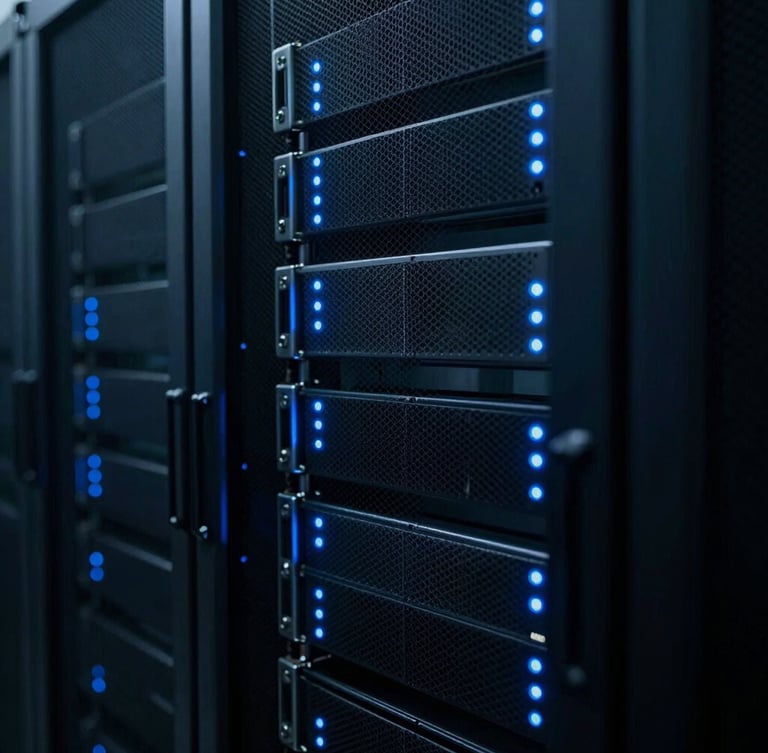 Close-up of abstract server racks with cool blue indicator lights, low-key moody ambient lighting, sharp technical details, 35mm