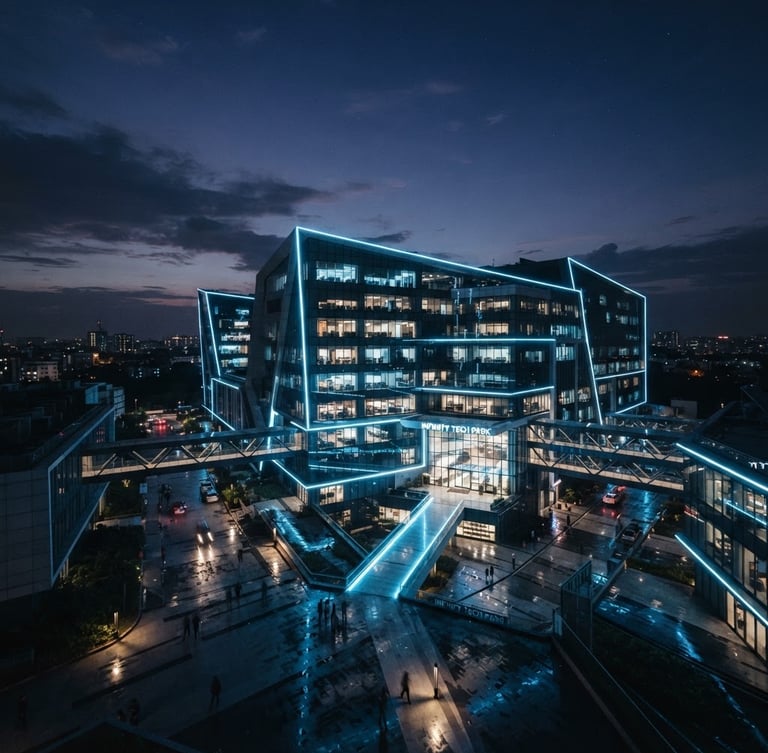 Low-key moody ambient photograph of a modern tech hub in Bengaluru at dusk, sharp architectural lines, cool ice-blue LED accents, wide horizontal view, 35mm