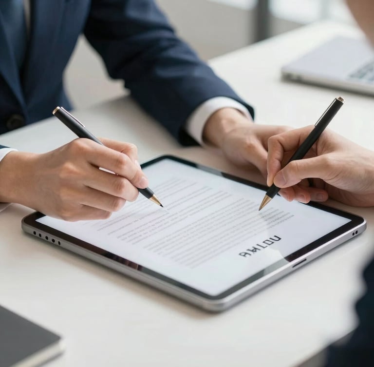 Close-up of hands signing a contract on a digital tablet, clean modern desk, natural light, corporate navy tones, sharp focus, 35mm