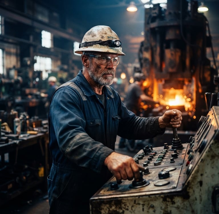 Experienced industrial worker in a hard hat and safety glasses, hands on heavy machinery controls, focused and determined, natural industrial workshop lighting, rich blue and orange tones, sharp focus, 35mm, portrait aspect, cinematic.