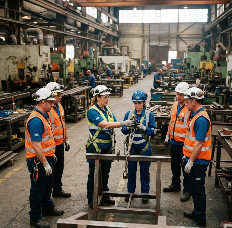 Equipe de trabalhadores industriais em treinamento prático de segurança, capacetes e coletes, em ambiente de fábrica com máquinas pesadas ao fundo, luz natural e industrial.