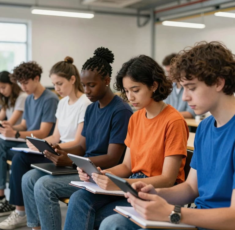 Portrait shot of a diverse group of adult students engaging in a collaborative learning session, using tablets and notebooks in a bright, modern educational setting, natural industrial workshop lighting, rich blue and orange tones, sharp focus.