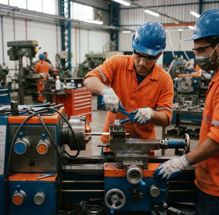 Close-up of students in safety gear operating heavy industrial machinery in a modern, well-lit workshop, focus on hands and tools, rich blue and orange tones, natural industrial lighting, sharp focus, 35mm, Parauapebas, Brazil.