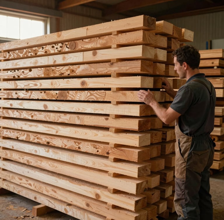 A master craftsman inspecting a massive stack of raw timber planks inside a warm, sunlit wood kiln workshop, 35mm photography