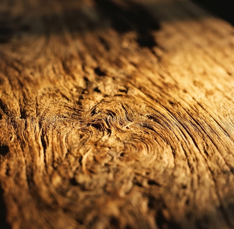 Close-up of rich raw teak wood grain with golden sunlight highlighting the organic fibers, warm tones, shallow depth of field, 35mm editorial photography