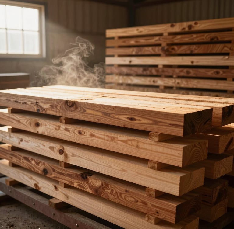 A professional industrial wood kiln chamber, steam rising softly, stacked neat timber planks of mahogany, warm interior lighting, cinematic editorial