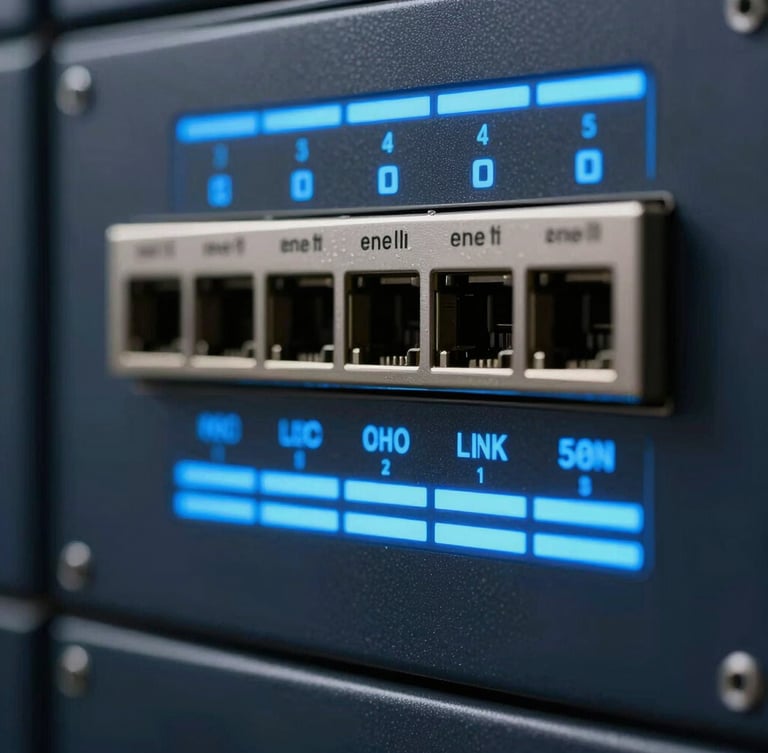 Macro shot of a high-security network interface on a dark screen, showing encrypted data streams and status indicators in electric blue and white, clean corporate tech style