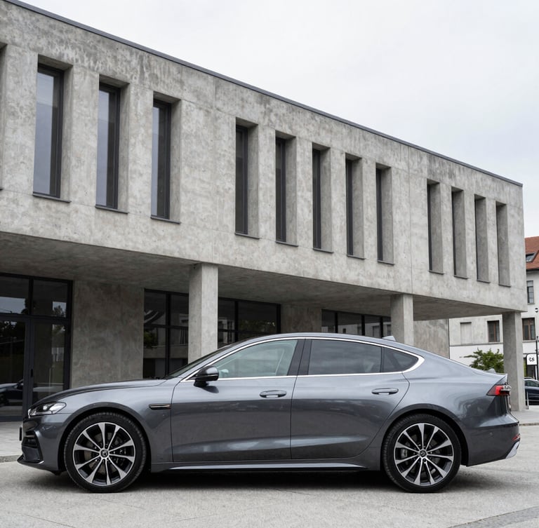 Sleek dark metallic executive sedan parked in front of modern concrete architecture in Ljubljana, bright overcast daylight, cool desaturated tones, sharp focus, 35mm lens