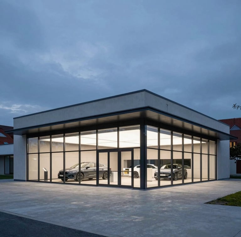 Sleek architectural shot of a modern car rental office in Ljubljana, clean glass facade, deep blue twilight sky, minimalist concrete pavement, 35mm lens