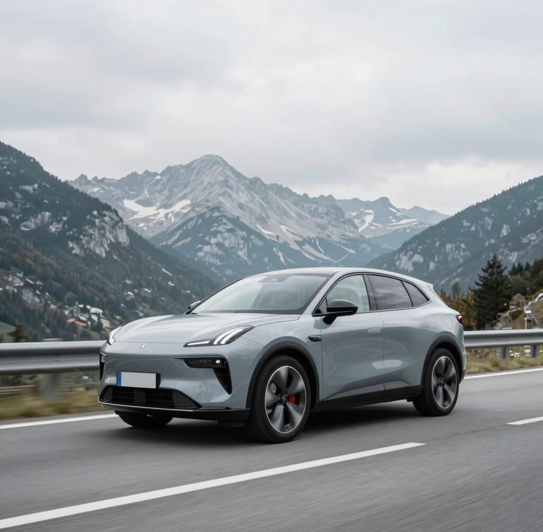 Sleek modern SUV driving on a clean Slovenian highway with scenic Alps in the background, bright overcast daylight, cool desaturated tones, sharp focus, 35mm lens