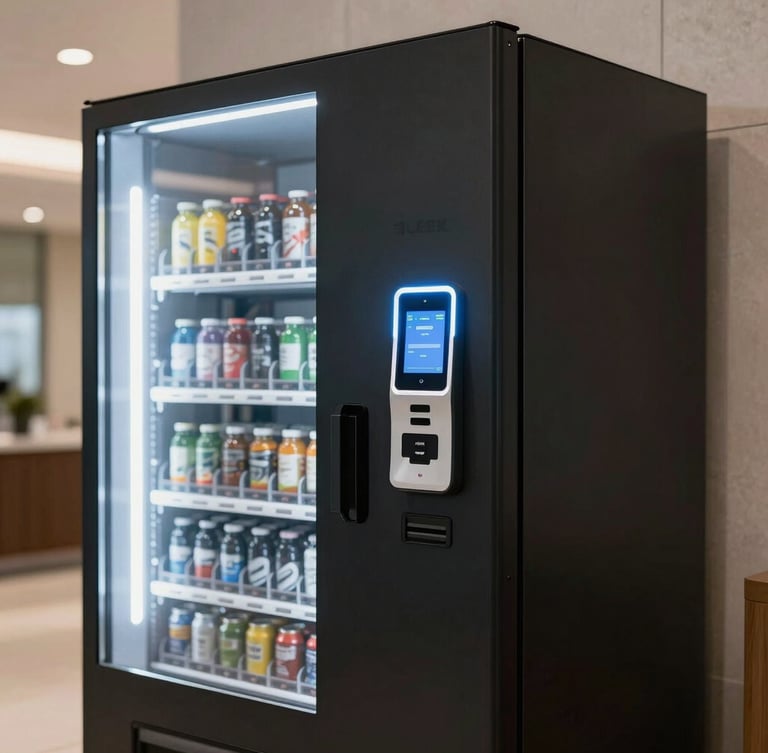 Sleek matte black vending machine integrated into a premium corporate lobby, glowing contactless payment interface and clean product display.