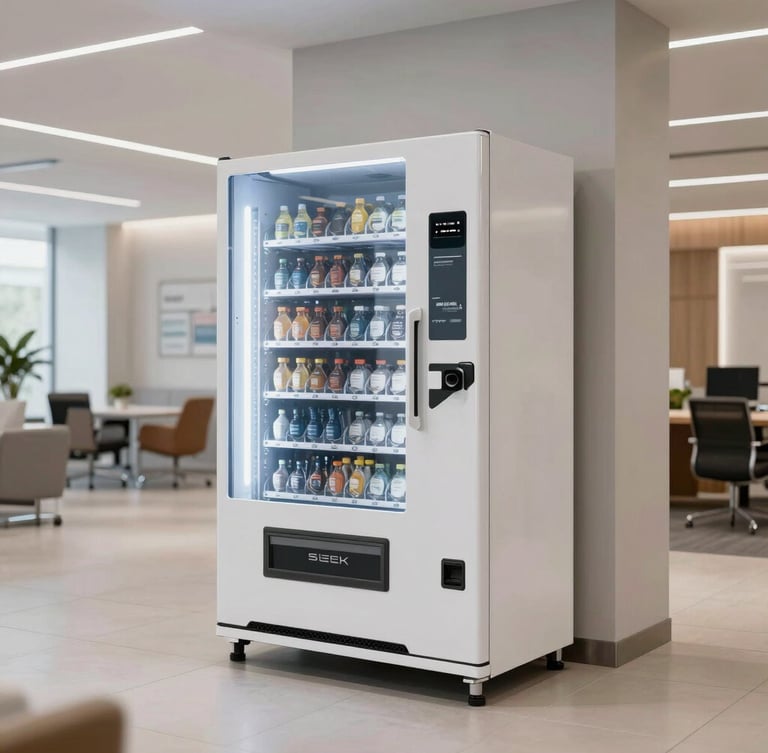 Sleek modern vending machine integrated seamlessly into a bright premium office lobby, clean architectural lighting, wide environmental shot