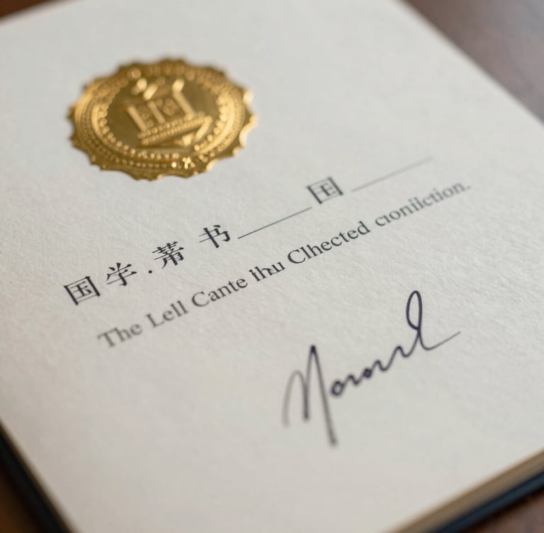 Close-up of a certified document with an official gold embossed seal and signature, soft natural daylight, shallow depth of field.