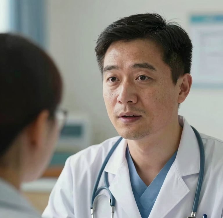 A close-up photograph of a professional medical interpreter in soft daylight, actively listening with an empathetic expression, hospital setting blurred soft-focus in the background.