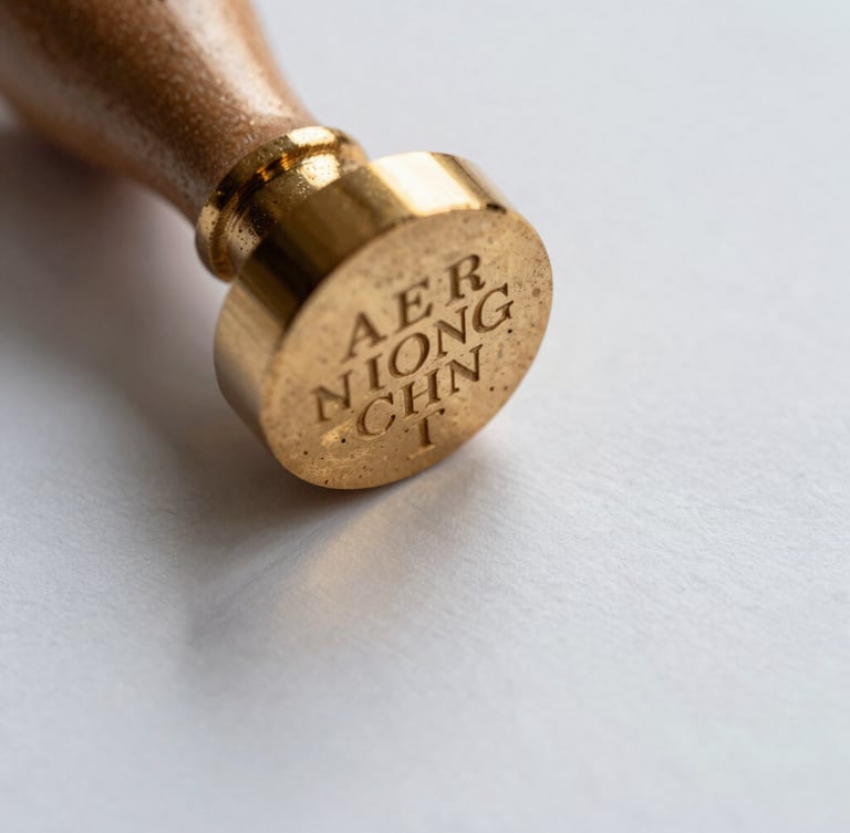 Macro close-up of a gold embossed notary seal on a legal document, soft natural light reflecting off the metallic textured paper.