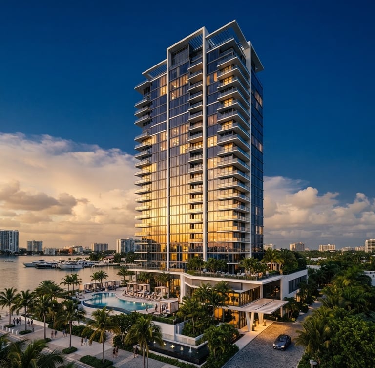 Wide architectural shot of a modern luxury residential building in Miami at golden hour, clean lines, deep blue sky, soft warm sunlight reflecting on glass, 35mm lens