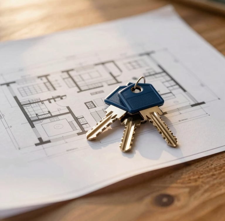 Close-up of clean architectural blueprints and house keys resting on a warm wooden table, soft golden-hour light, premium corporate feel, 35mm lens