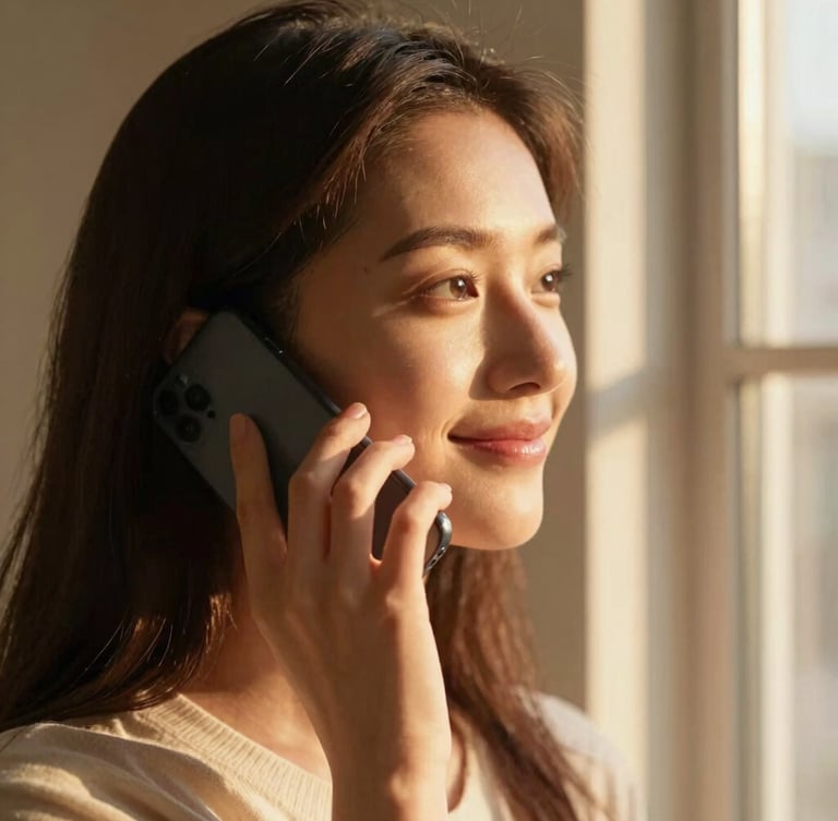 Close-up of a young woman looking out of a window during golden hour, smiling softly while holding a phone to her ear, warm natural light.
