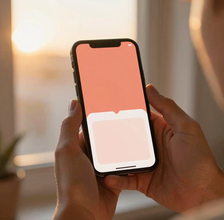 A clean smartphone mockup showing a warm, beautifully designed mobile app home screen with a soft coral interface, held gently in hands during golden hour.