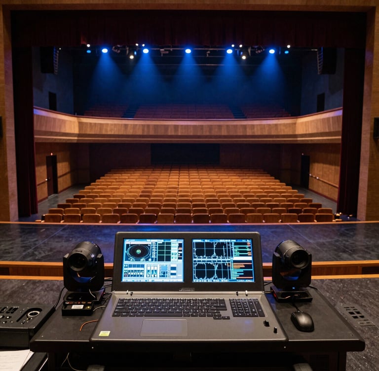 Wide shot of an empty, well-lit auditorium during soundcheck, spotlights on the stage, technical AV console in the foreground, deep blues and warm amber accents, sharp focus, high contrast, 35mm lens