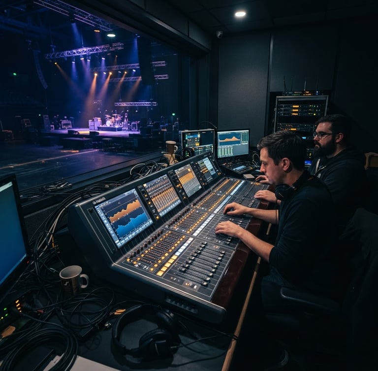 Wide shot of a modern AV control booth during a soundcheck, focused on a complex mixing console with glowing amber lights, deep blue and slate tones, high contrast, 35mm lens.
