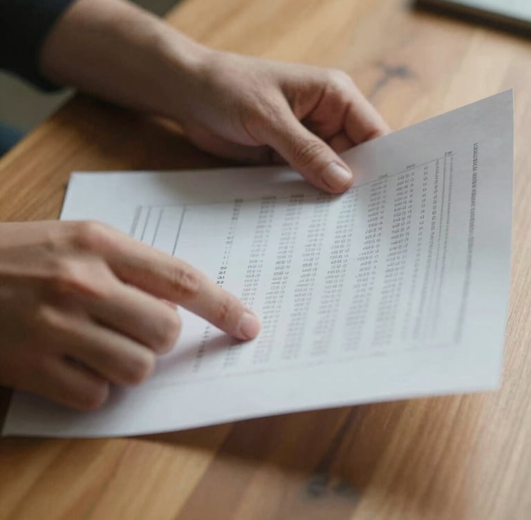 Close-up of hands reviewing clear financial documents on a warm wooden table, soft daylight, 35mm photography, authentic.