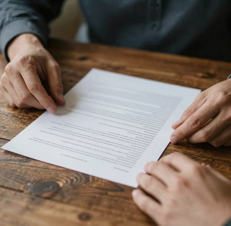 A close-up of hands reviewing clear financial documents on a rustic wooden table, soft natural daylight, rich muted tones, shallow depth of field, 35mm