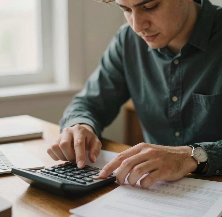 A warm close-up of a mentor guiding a young professional through financial calculations on a wooden desk, soft natural light from a side window, 35mm photography