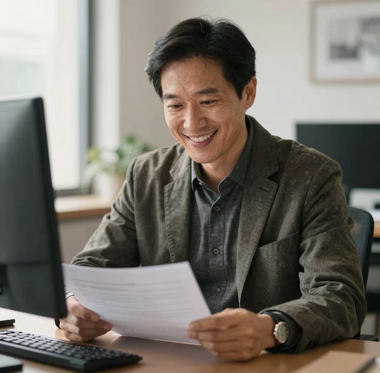 An authentic portrait of a professional mentor smiling warmly in a bright, daylight-filled office, reviewing documents, rich muted tones, shallow depth of field