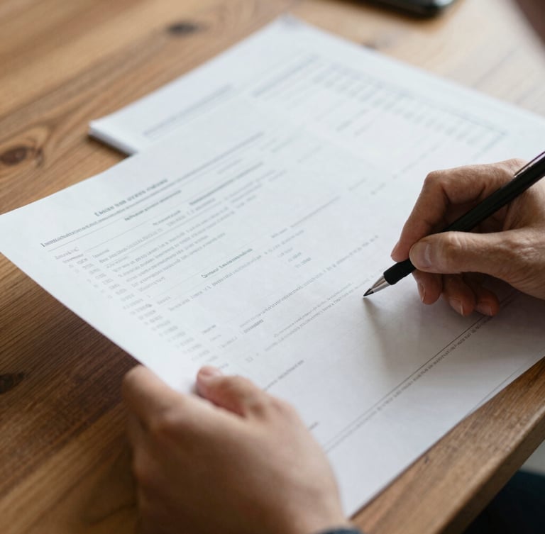 A close-up shot of hands reviewing clear financial documents and spreadsheets on a wooden table, soft natural daylight, shallow depth of field, authentic 35mm photography.