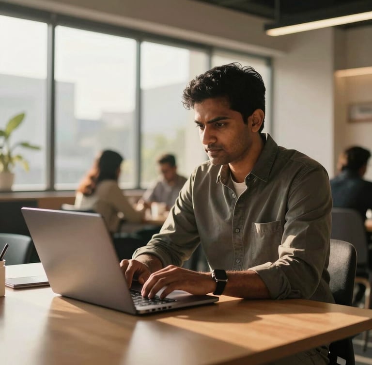 Medium candid shot of a determined Indian professional working on a laptop in a bright, modern Delhi co-working space, warm golden hour sunlight streaming through windows.