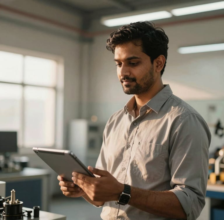 A confident Indian mechanical engineer in a clean modern workshop, holding a tablet, natural bright daylight, warm golden undertones