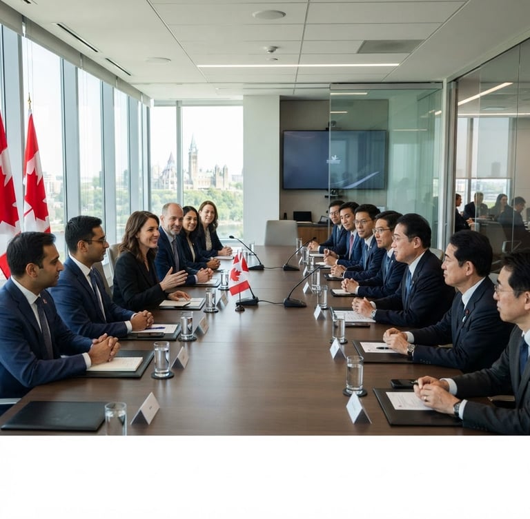 Professional bilateral delegation meeting in a modern Ottawa office, diverse group, crisp suits, natural daylight, wide shot.