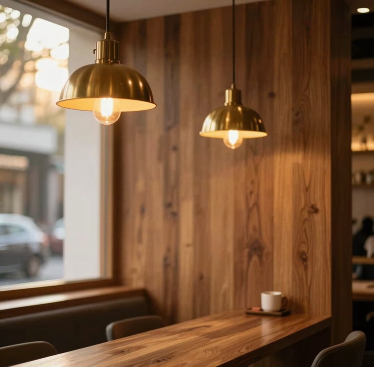 Warm editorial portrait of a cozy modern tea salon interior, glowing brass pendant lamps, rich wooden textures, soft side-lighting, 35mm.