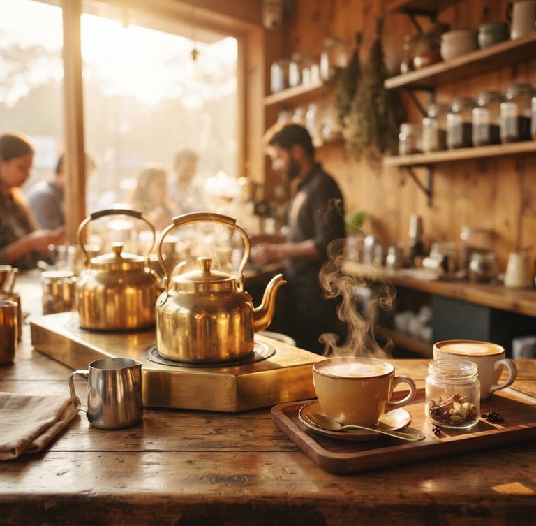Warm editorial photography of a modern wooden tea kiosk counter, golden-hour window light reflecting on polished brass kettles, steaming cups of amber chai, 35mm