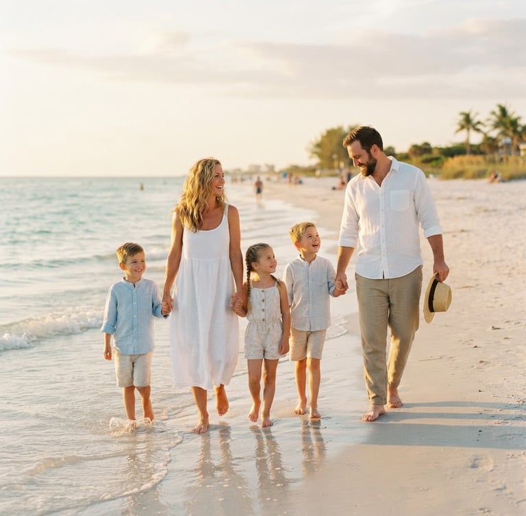 Candid medium shot of a family walking along a sun-bleached Sarasota beach during warm golden hour, wearing light linen clothing, soft 35mm film style, shallow depth of field
