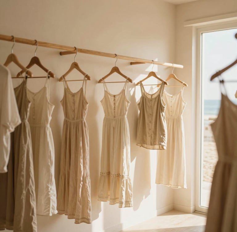 Warm interior of an airy coastal boutique with sandy beige walls and soft wooden racks, sun-bleached garments hanging under diffused natural window light