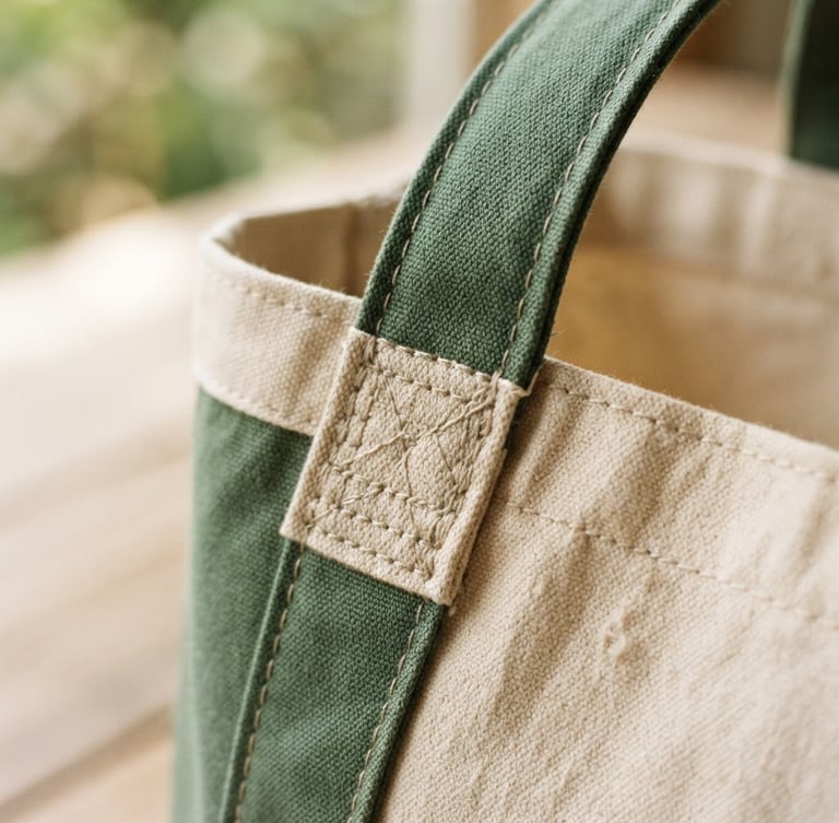 Close-up of a high-quality organic cotton tote bag, showing meticulous stitching and reinforced handle attachment, soft natural side-light, muted forest green and beige tones, shallow depth of field, 35mm, editorial framing.
