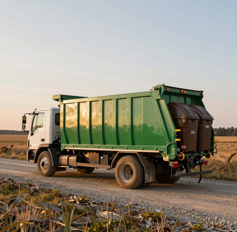 A clean green roll-off truck delivering a brown bin onto a gravel driveway in rural Alberta, wide environmental shot, golden hour daylight, 35mm