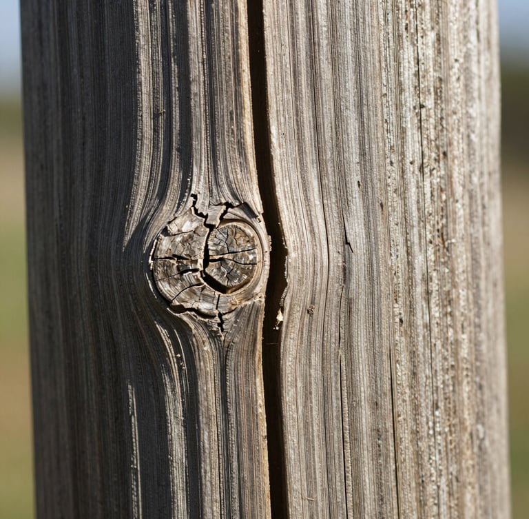 Macro detail photography of dry, splitting wood fence post, deep checking cracks, harsh sunlight emphasizing high-contrast textures.