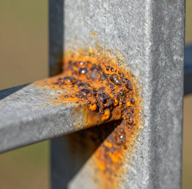 Macro detail of rust scaling on a steel fence bracket, bubbling orange oxidation under direct sunlight, sharp metal texture focus.