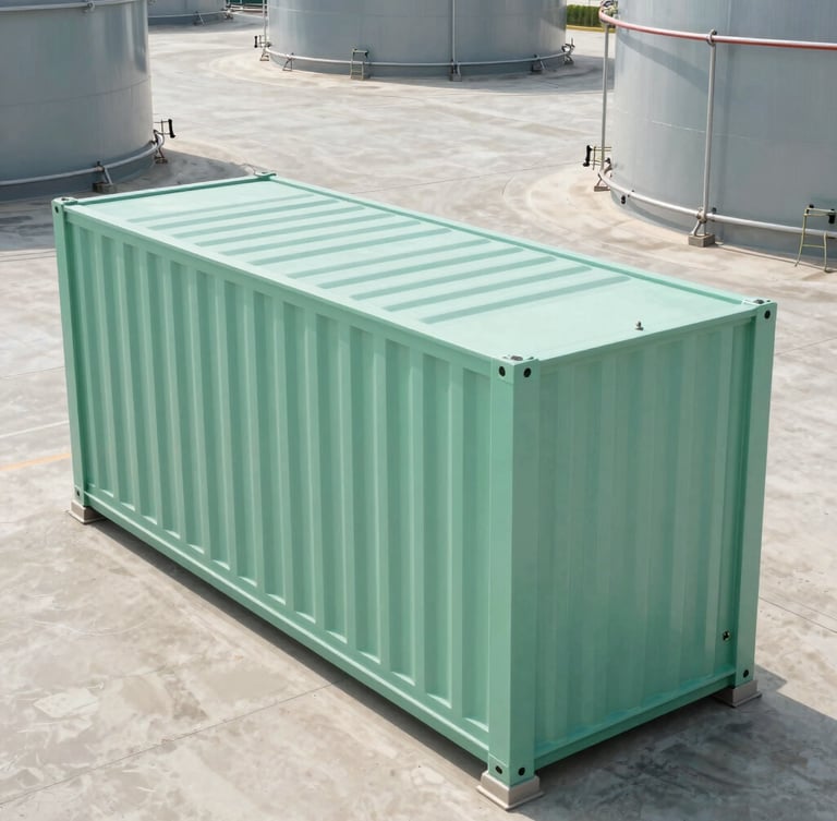 Extreme wide-angle technical shot of an industrial lithium-ion battery storage container (BESS) in a clean concrete yard, bright high-contrast daylight, sharp shadows, technical mint-green accents on the metal enclosure.