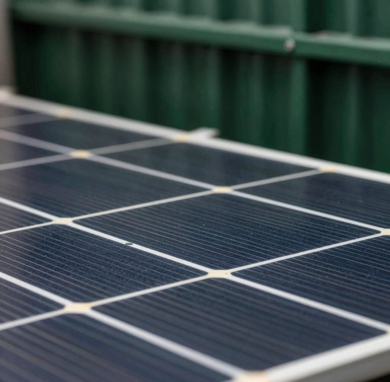 Macro shot of a high-efficiency photovoltaic cell grid, sharp technical details, crisp lighting, deep forest green structural elements in the background.
