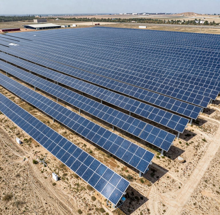 Extreme wide-angle drone shot of a massive utility-scale solar farm in a semi-arid region, bright high-contrast daylight with crisp shadows, reflecting real-world operating conditions.
