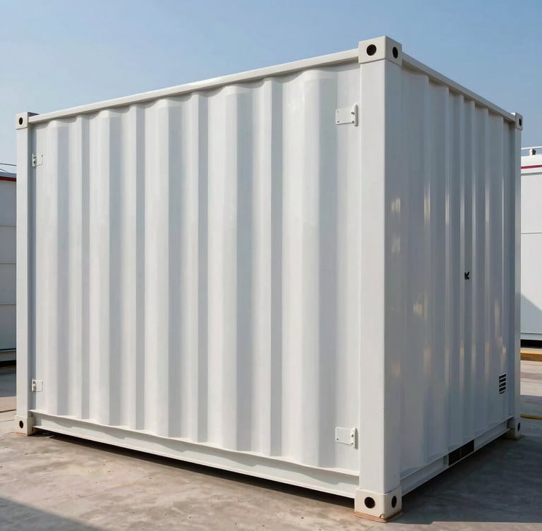 Straight-on technical shot of a large industrial battery energy storage system (BESS) container, white metal paneling, clean geometric lines, bright daylight, sharp shadows, reflection of blue sky.