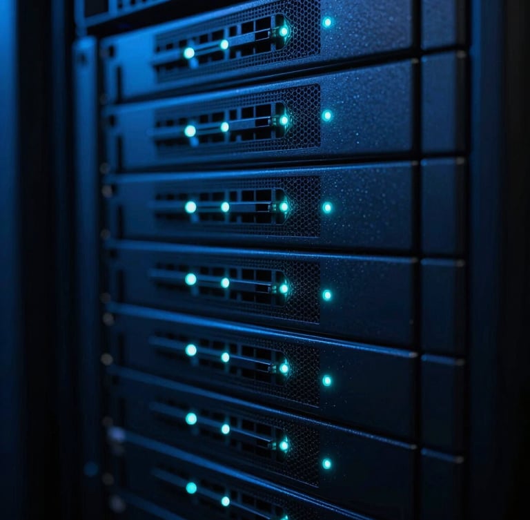 Macro close-up of modern server rack hardware, glowing cyan indicator lights, deep slate shadows, high contrast, 35mm lens