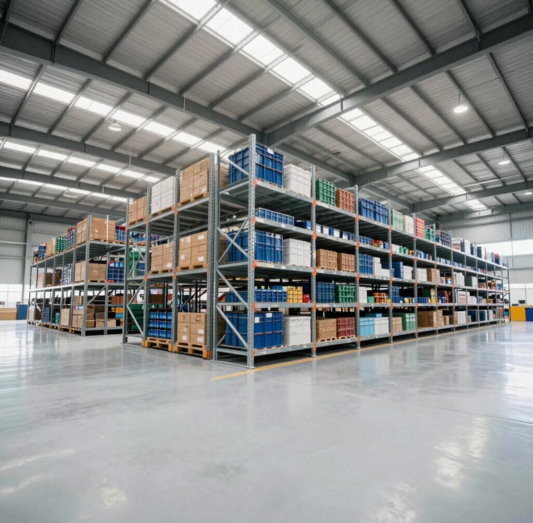 Wide-angle architectural view of a modern high-capacity distribution center interior, pristine floors, clean steel shelving, bright natural light from high windows, Indonesian logistics hub.