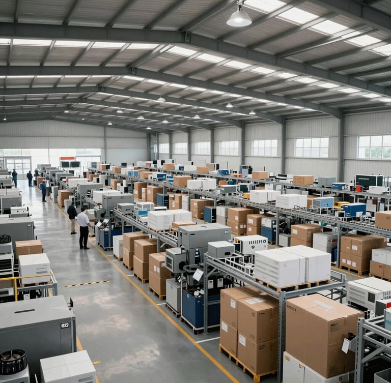 Wide panoramic shot of a highly organized, modern automated distribution center in Indonesia, clean architectural lines, bright natural light, professional environment.